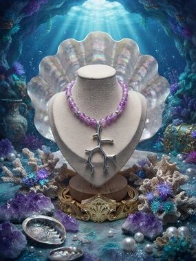 One of a kind silver coral with glass purple Bead Necklace/ Magnetic-Fantasycore